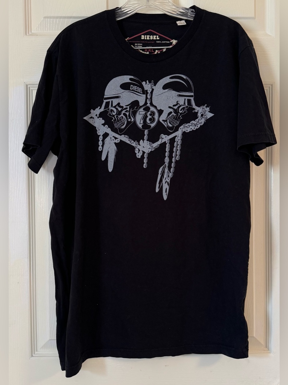 Boy DIESEL black Gray Graphic Skull Feather Cotton S/s T-shirt Top Sz XXL